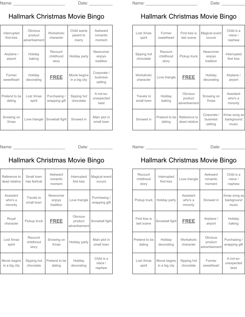 Hallmark Christmas Movie Bingo