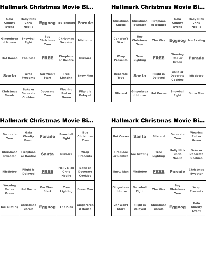 Hallmark Christmas Movie Bingo