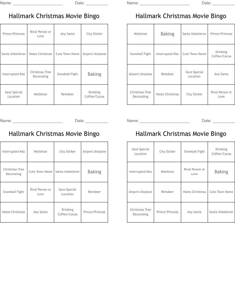 Hallmark Christmas Movie Bingo