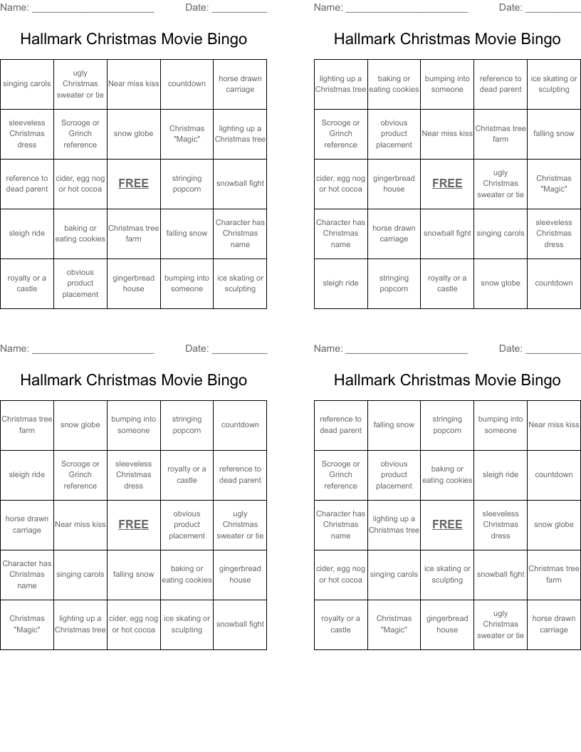 Hallmark Christmas Movie Bingo