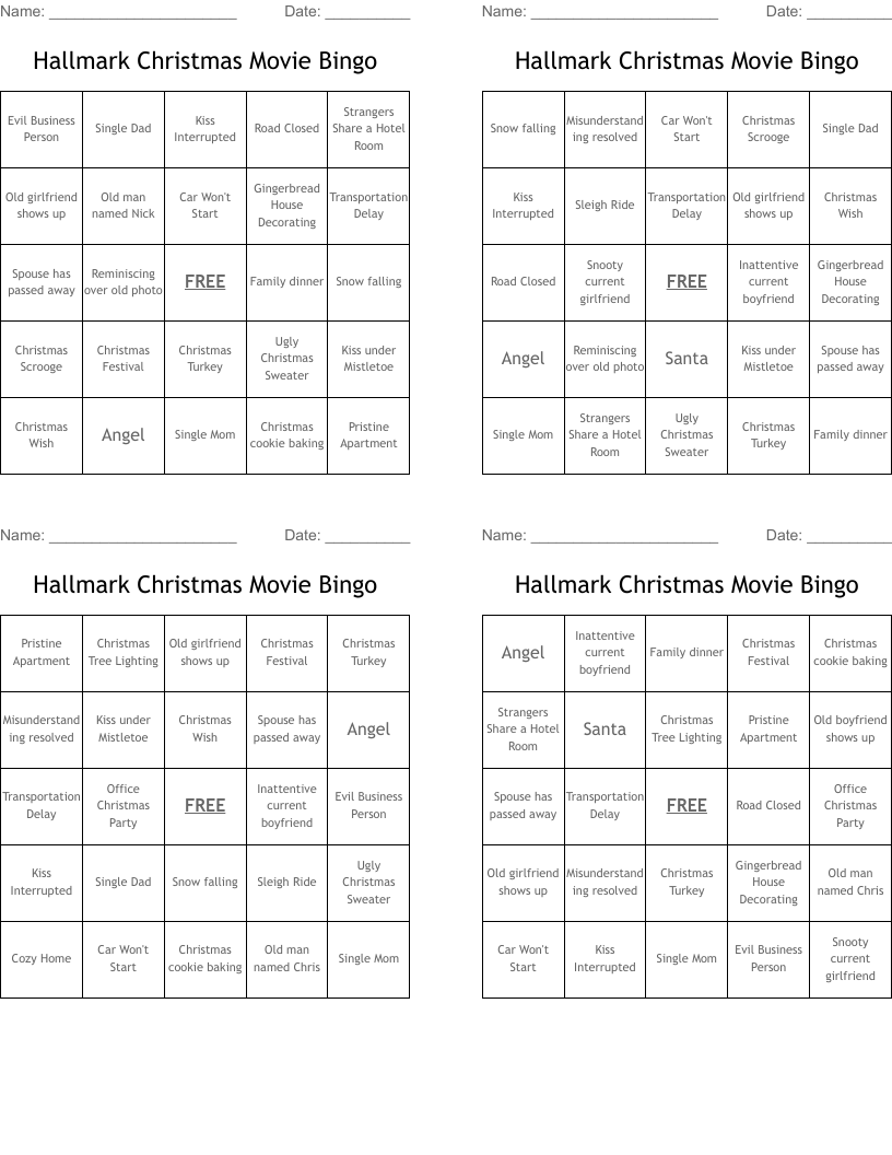 Hallmark Christmas Movie Bingo