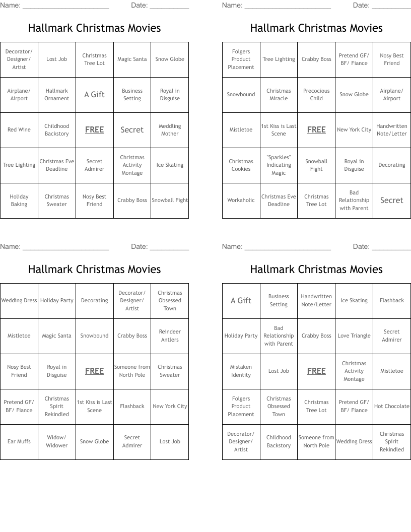 Hallmark Christmas Movies Bingo Cards