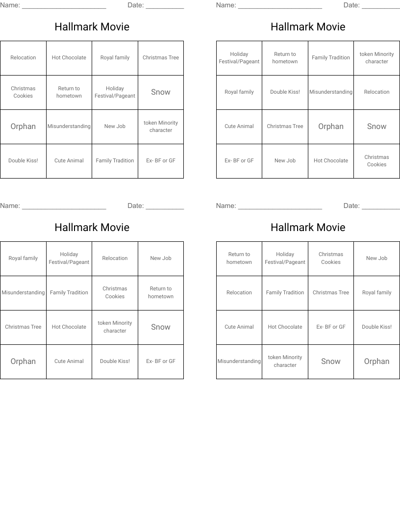 Hallmark Movie Bingo Cards