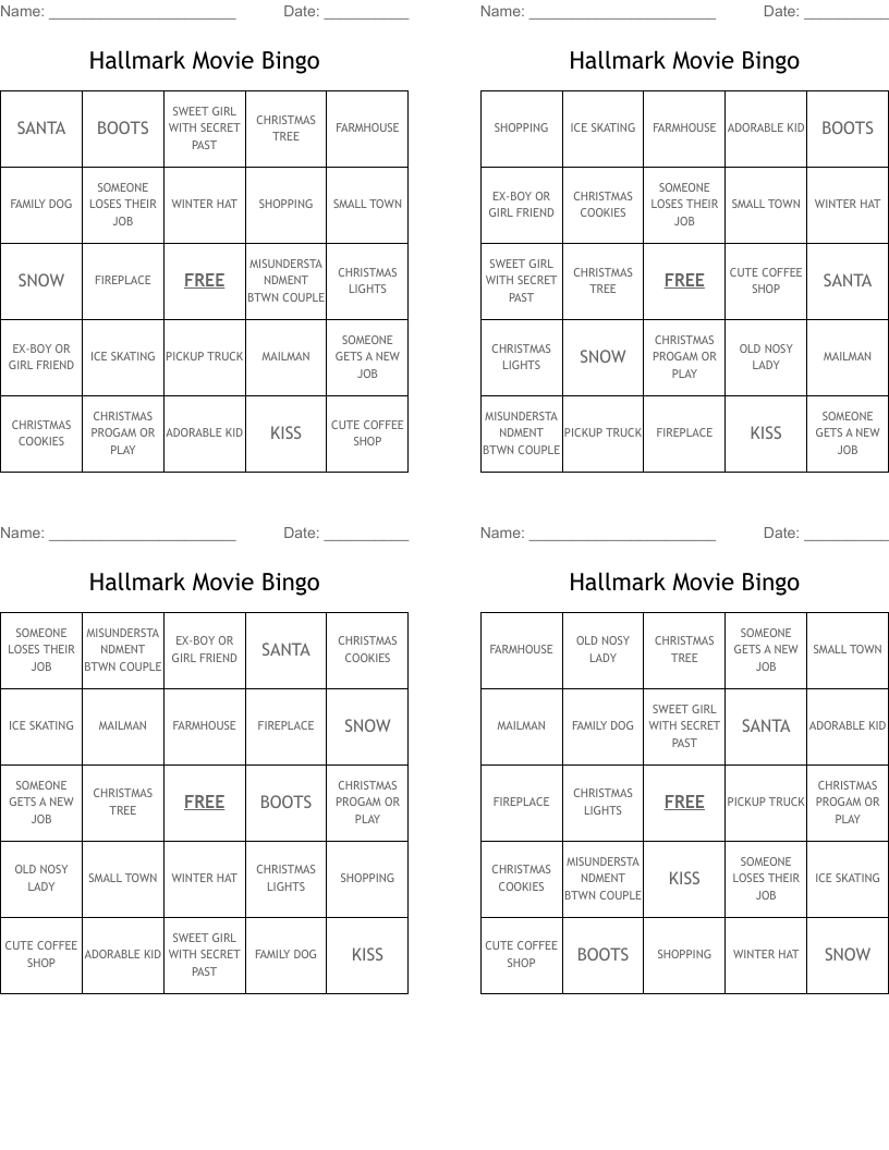 Hallmark Movie Bingo
