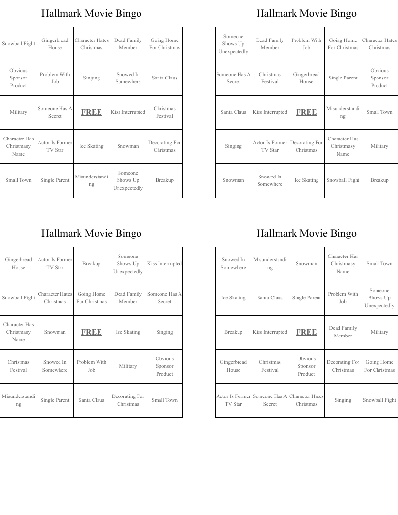 Hallmark Movie Bingo