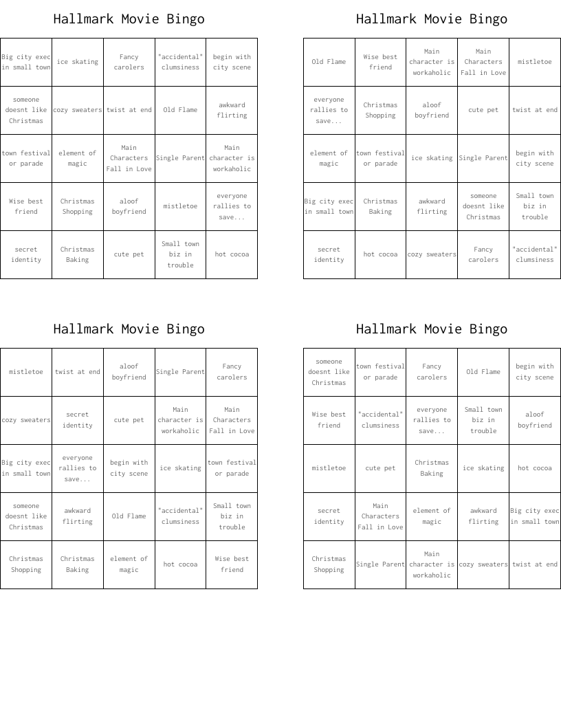 Hallmark Movie Bingo