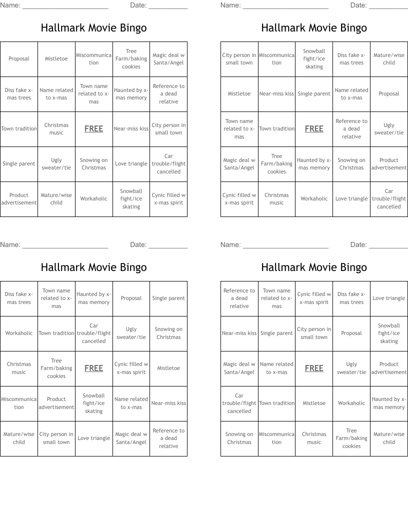 Hallmark Movie Bingo