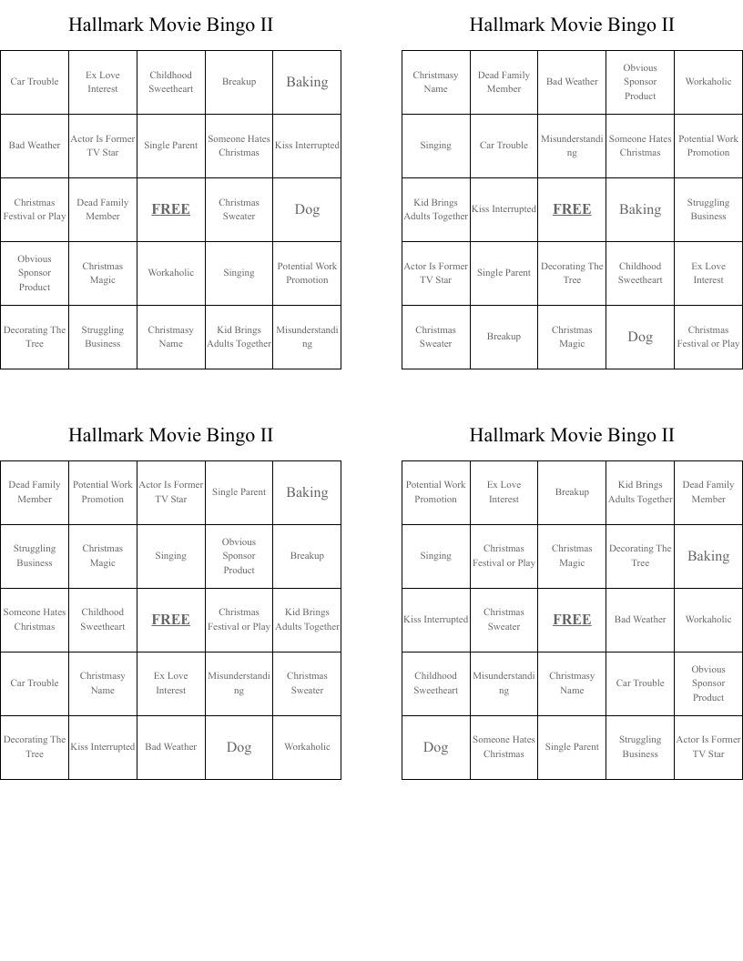 Hallmark Movie Bingo II