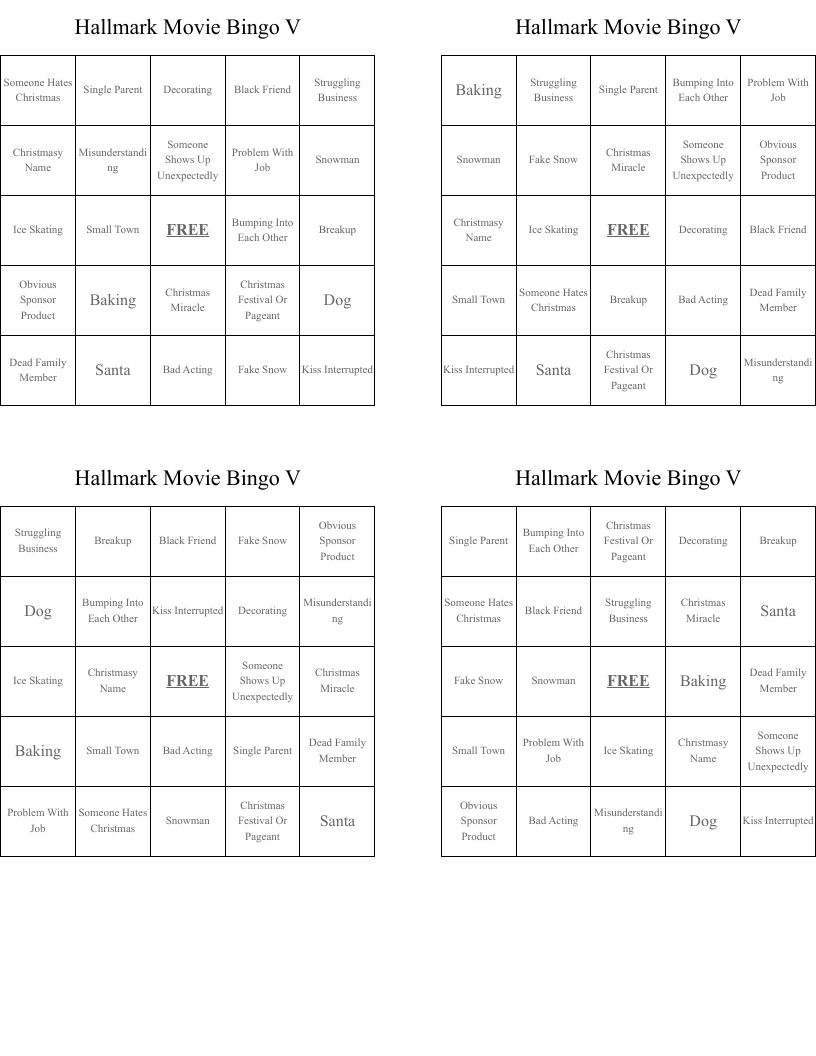 Hallmark Movie Bingo V