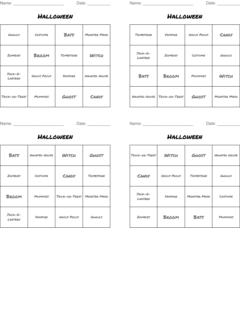 Halloween Bingo Cards