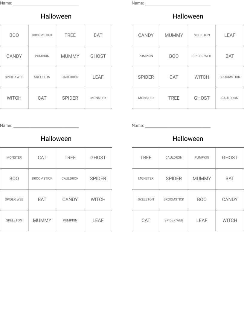 Halloween Bingo Cards