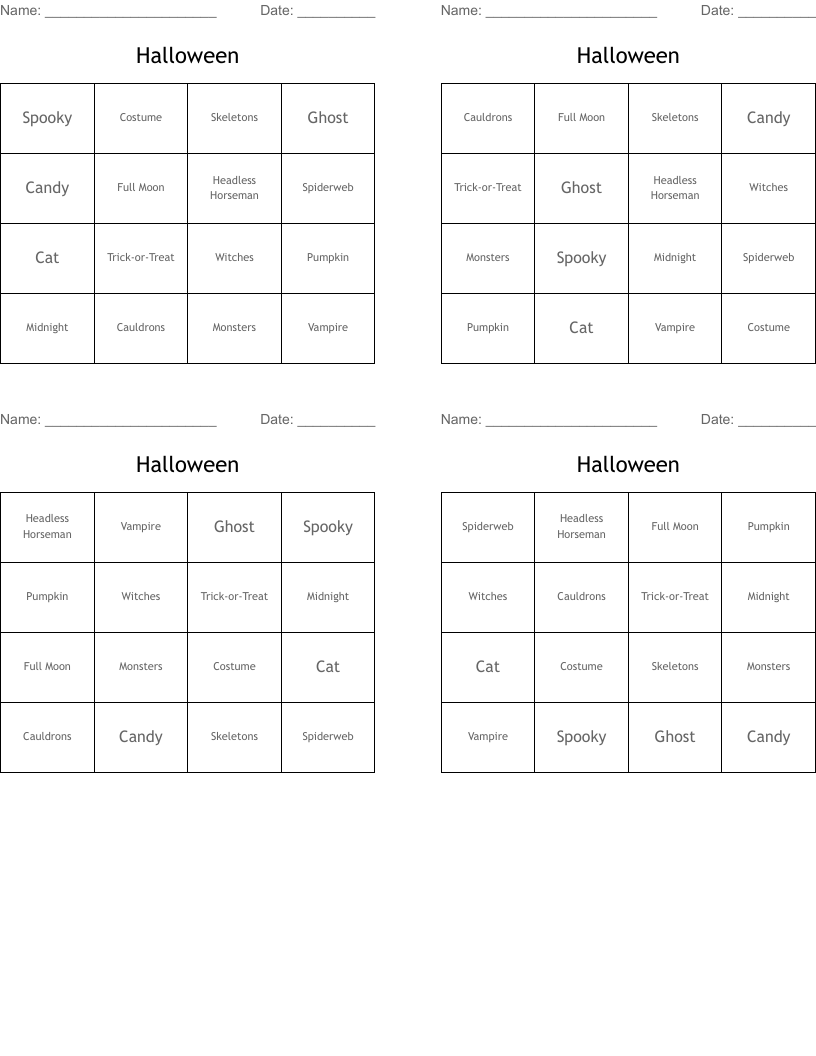 Halloween Bingo Cards