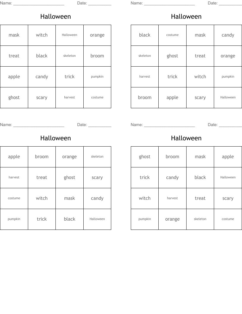 Halloween Bingo Cards