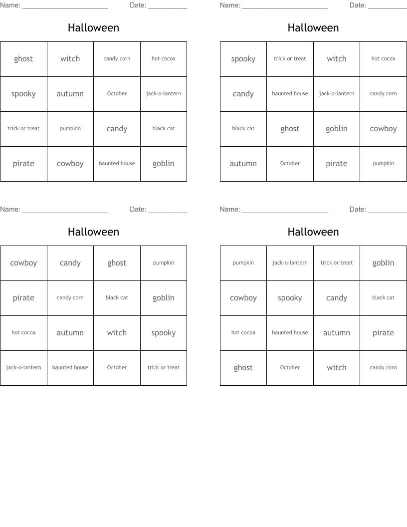 Halloween Bingo Cards