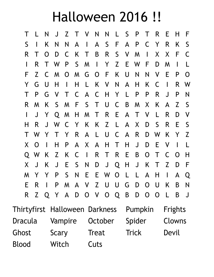 Halloween 2016 !! Word Search