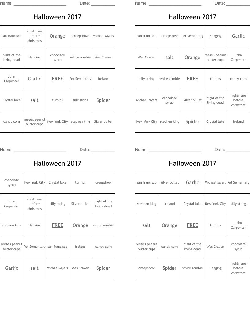 Halloween 2017 Bingo Cards
