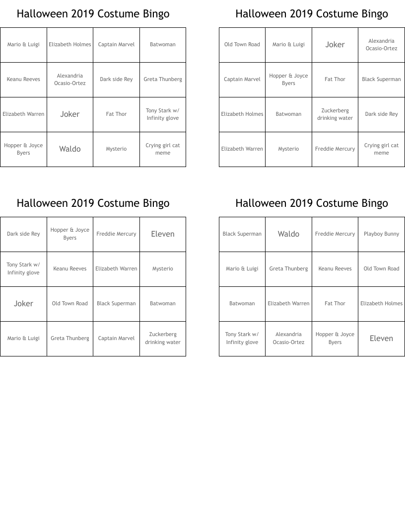 Halloween 2019 Costume Bingo