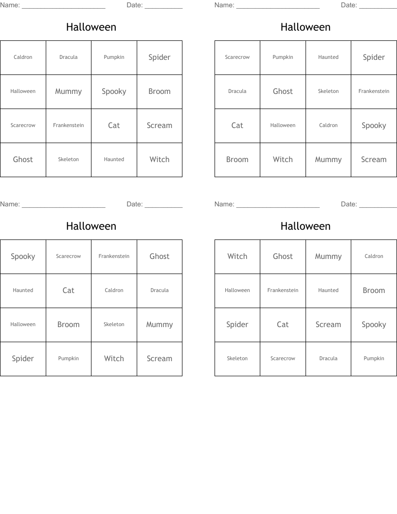 Halloween Bingo Cards