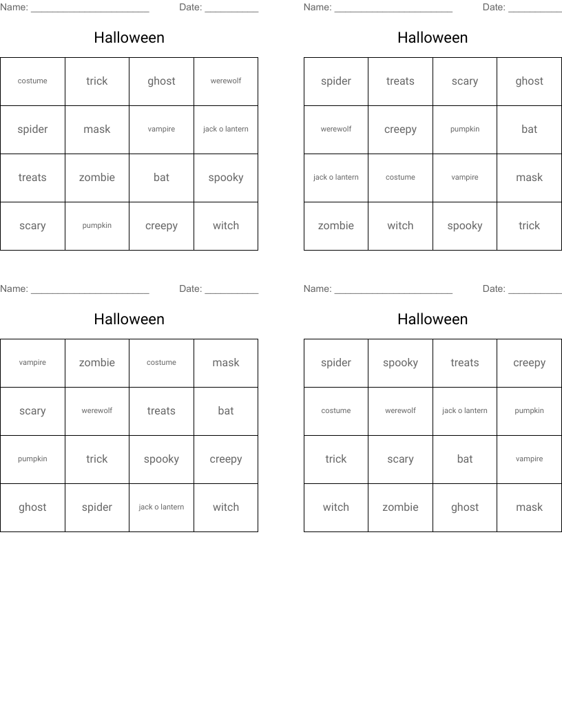 Halloween Bingo Cards