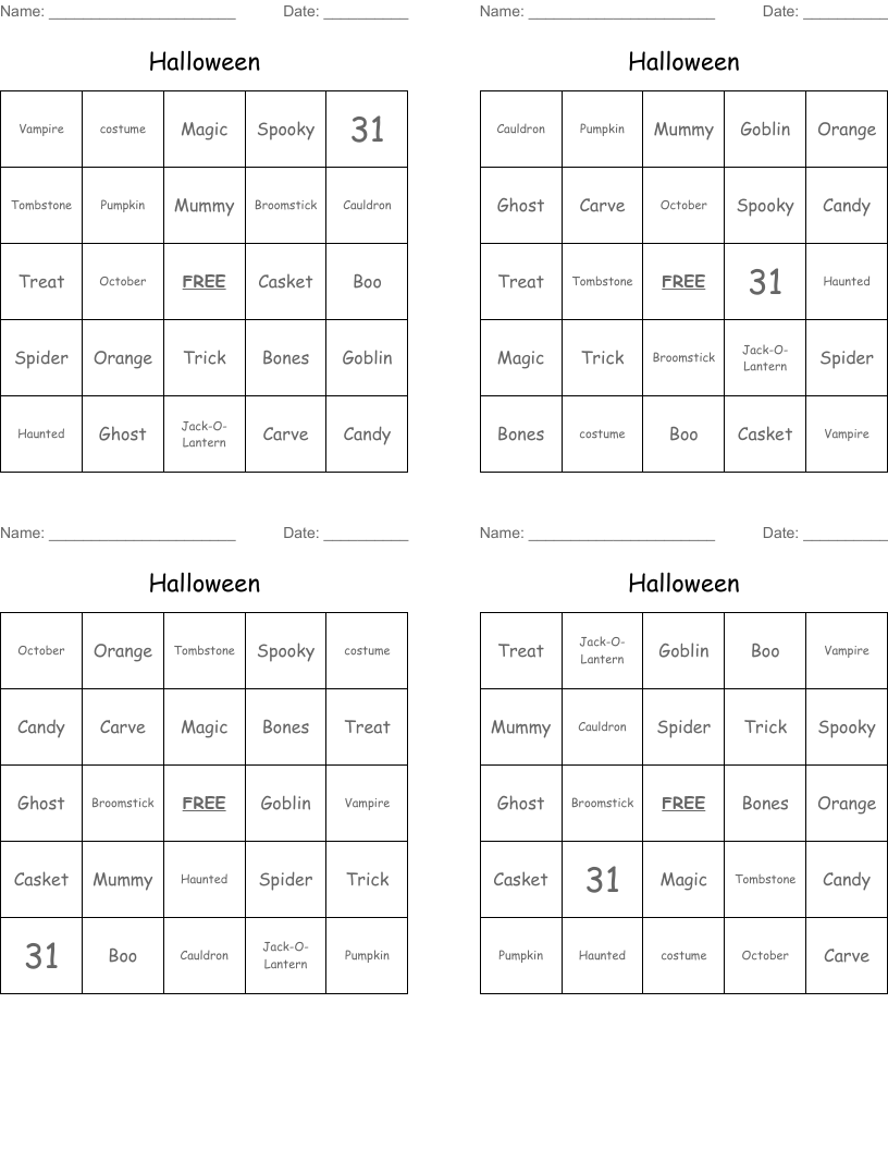 Halloween Bingo Cards