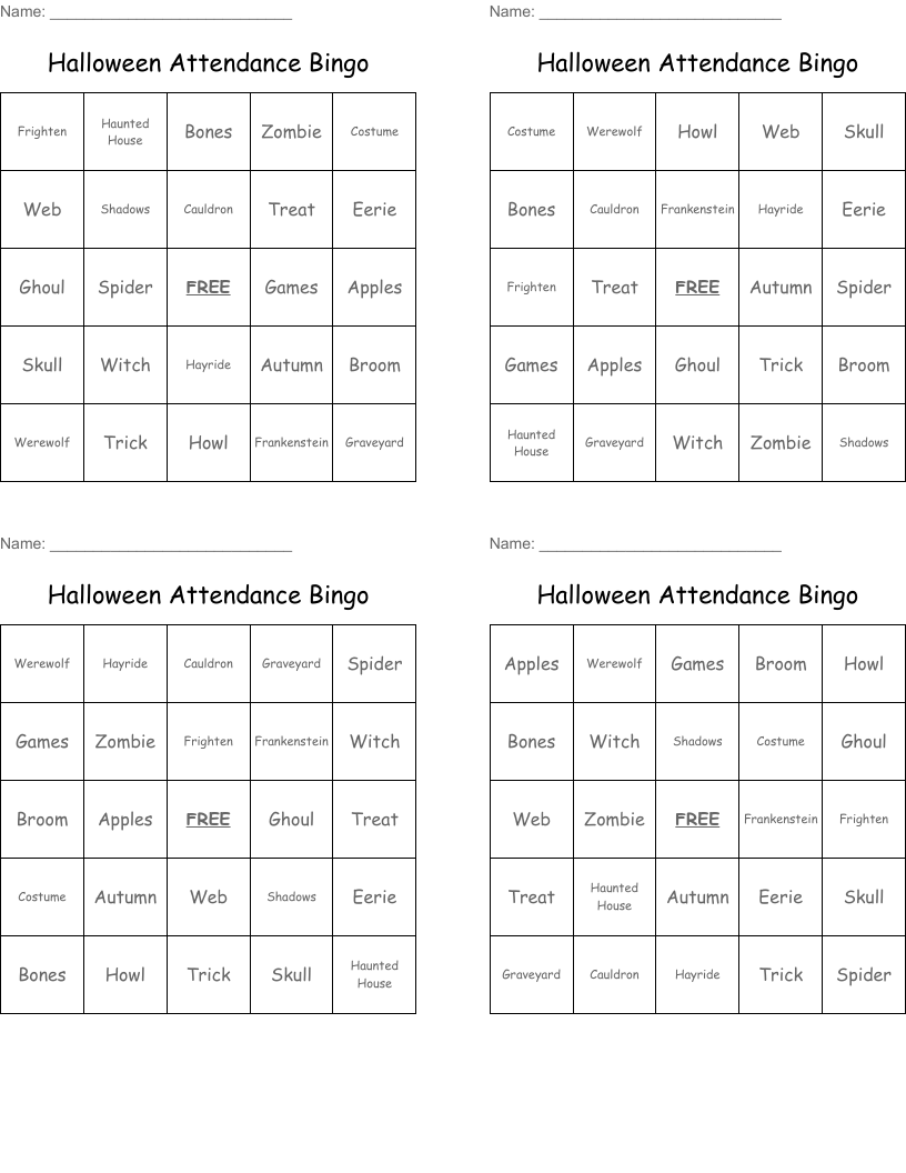 Halloween Attendance Bingo
