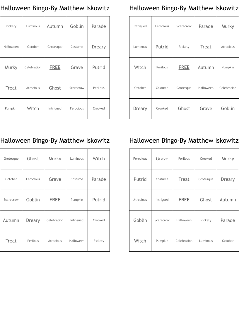 Halloween Bingo-By Matthew Iskowitz
