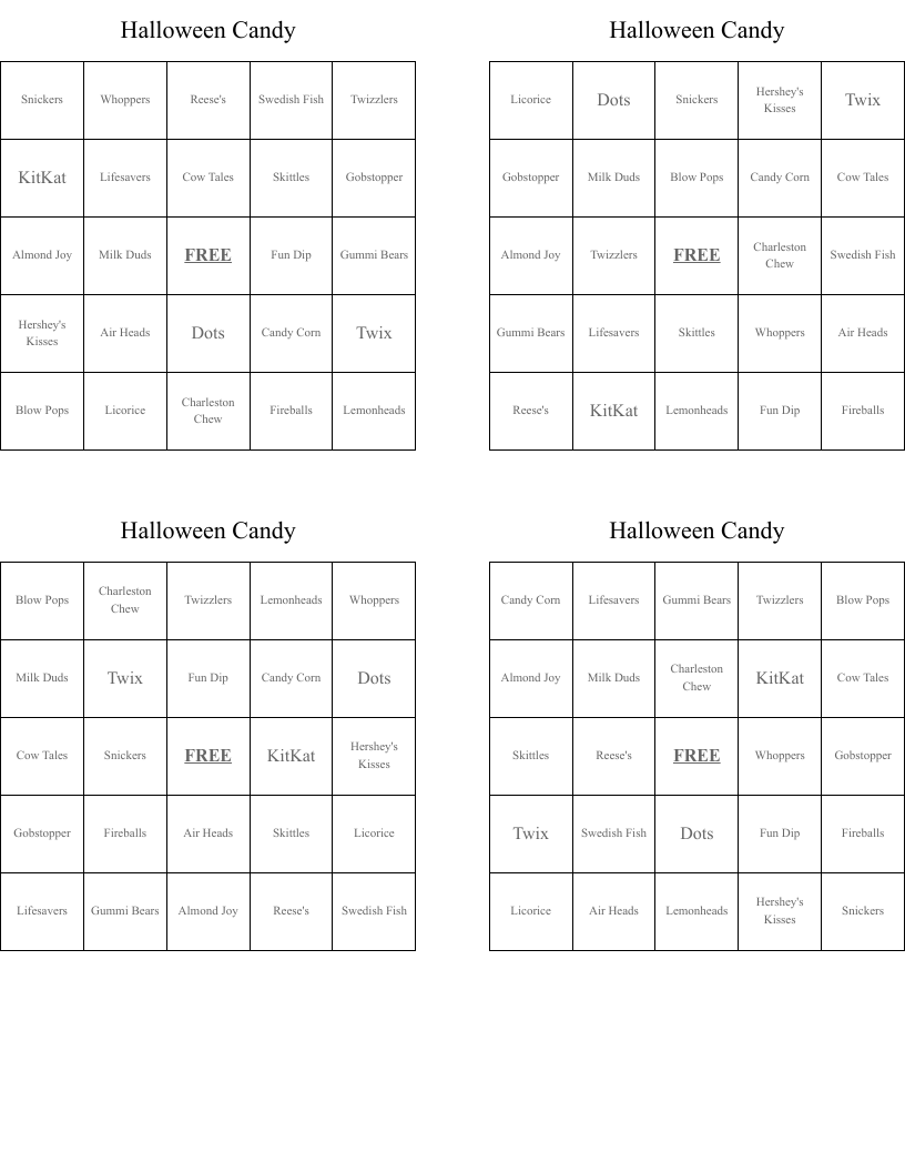 Halloween Candy Bingo Cards