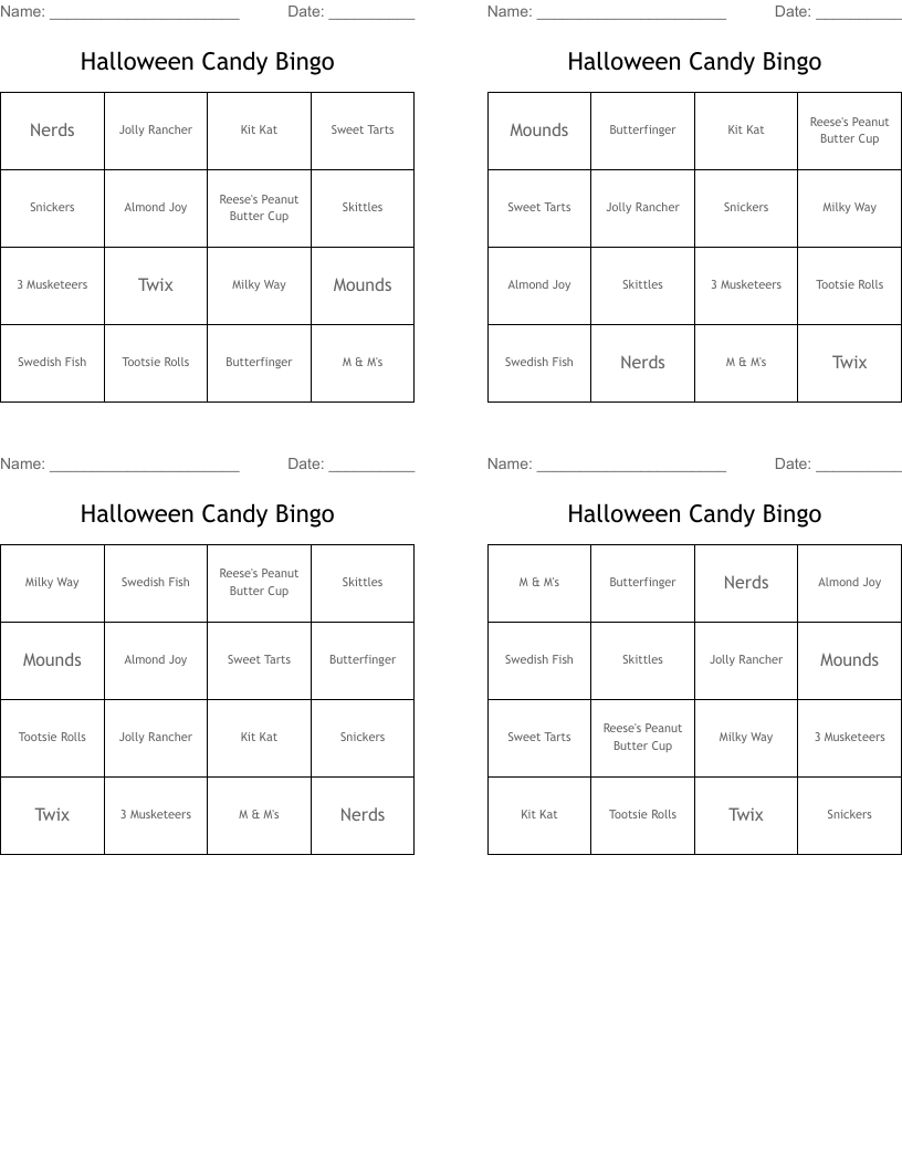 Halloween Candy Bingo