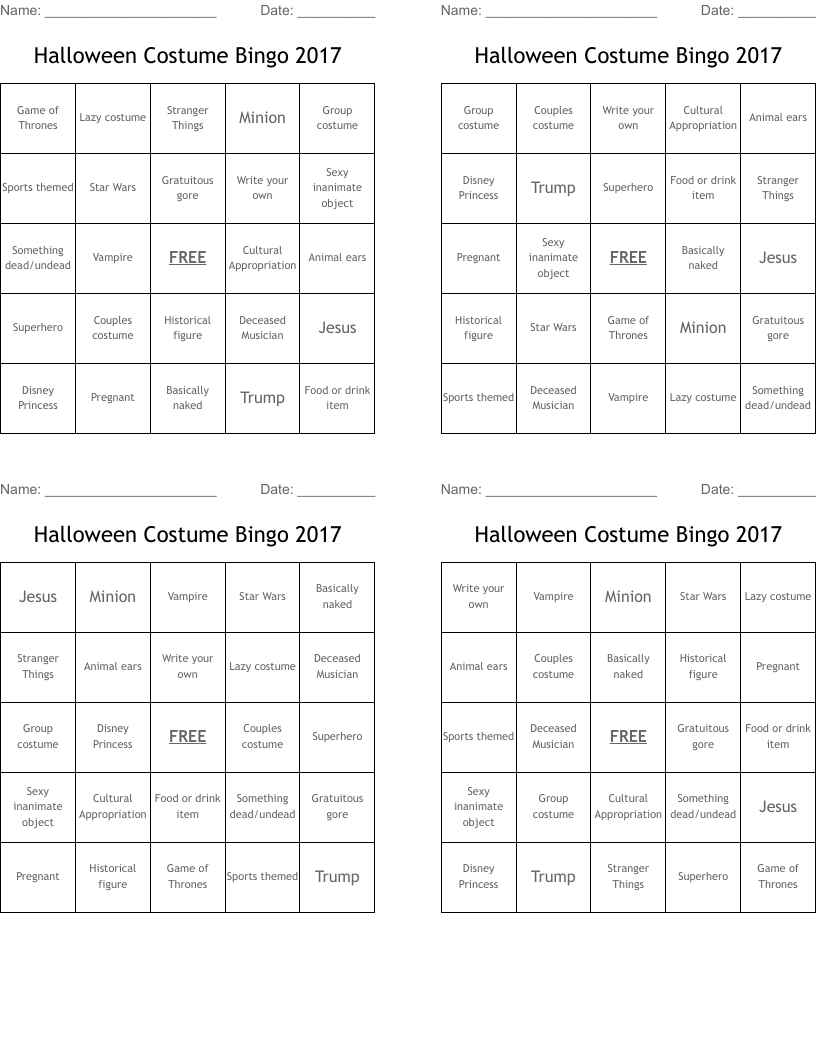 Halloween Costume Bingo 2017