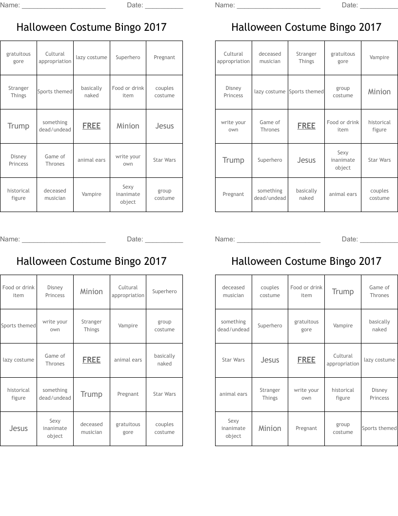 Halloween Costume Bingo 2017