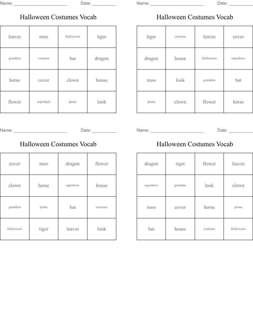 Halloween Costumes Vocab Bingo Cards