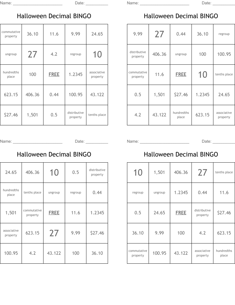 Halloween Decimal BINGO