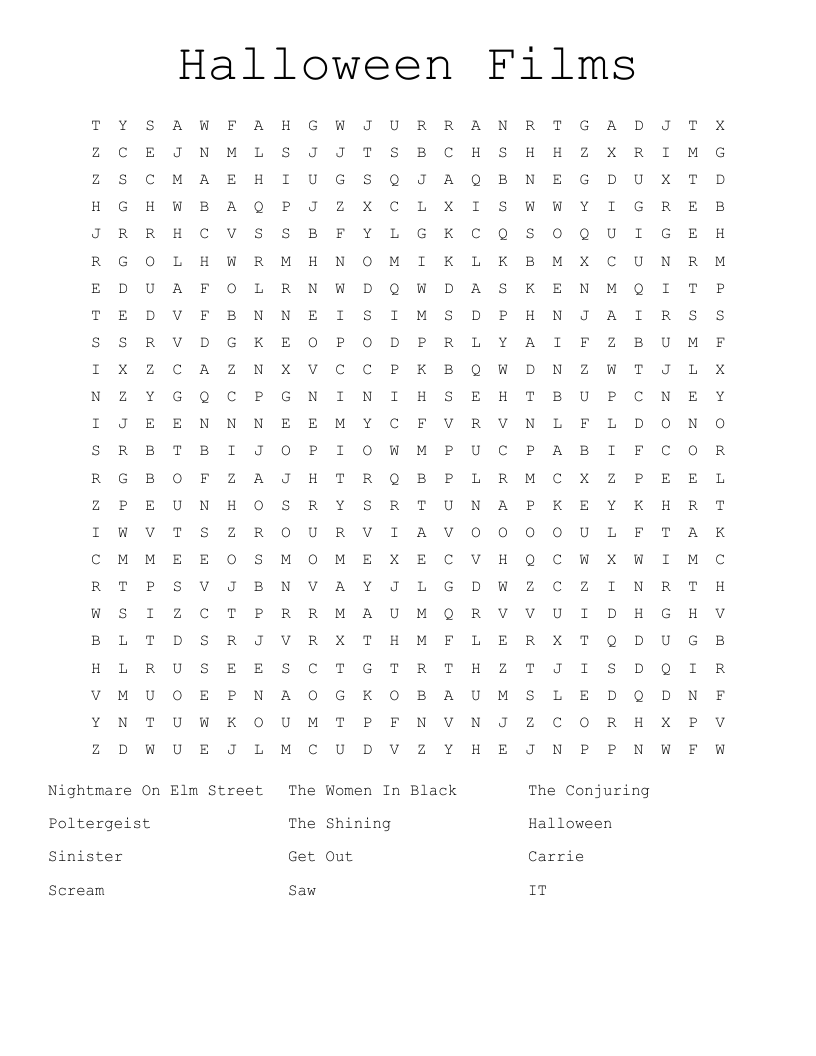 Halloween Films Word Search