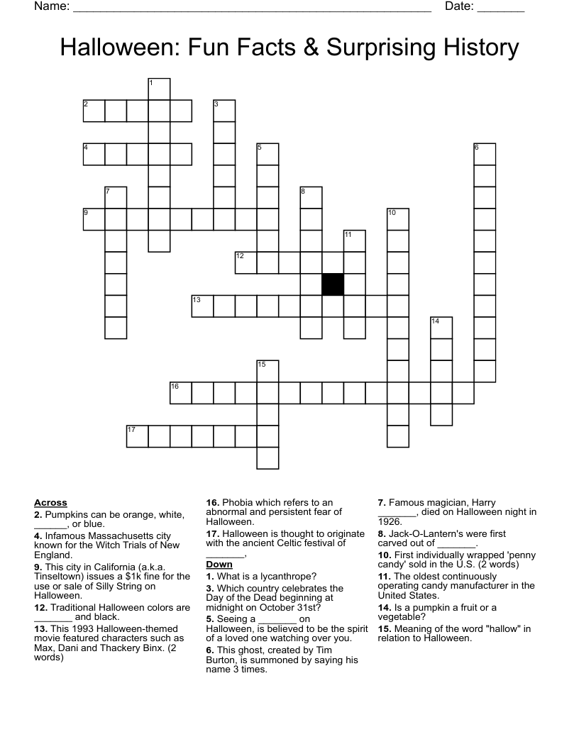 Halloween: Fun Facts & Surprising History Crossword