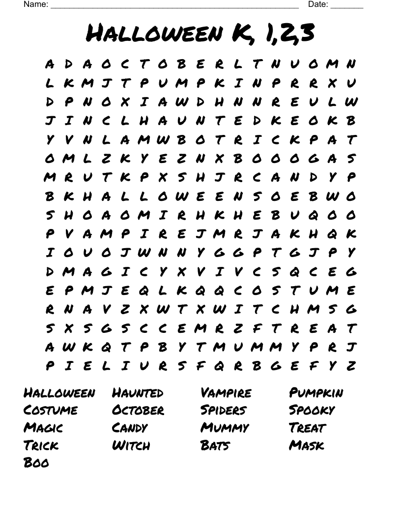 Halloween K, 1,2,3 Word Search