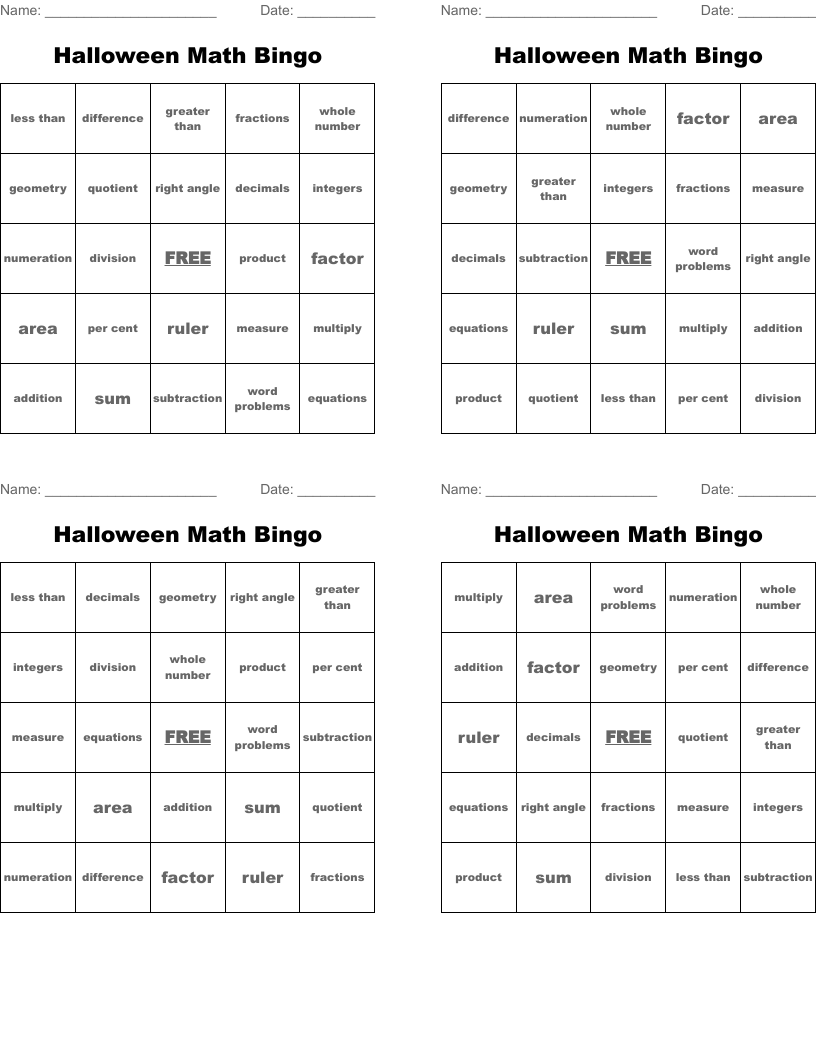 Halloween Math   Bingo