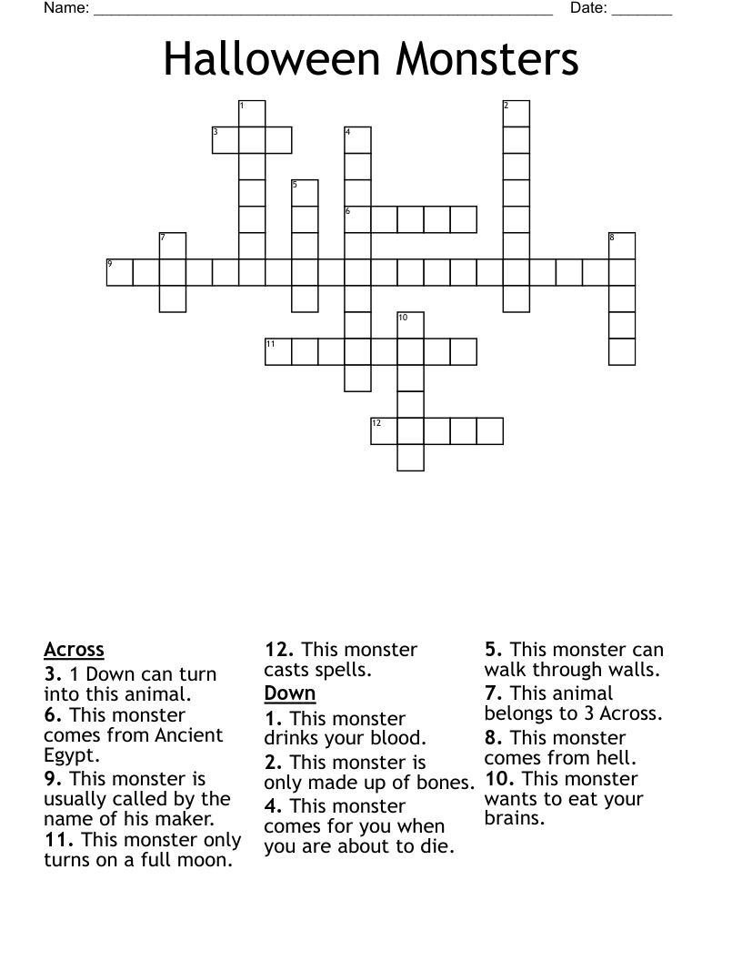Halloween Monsters Crossword