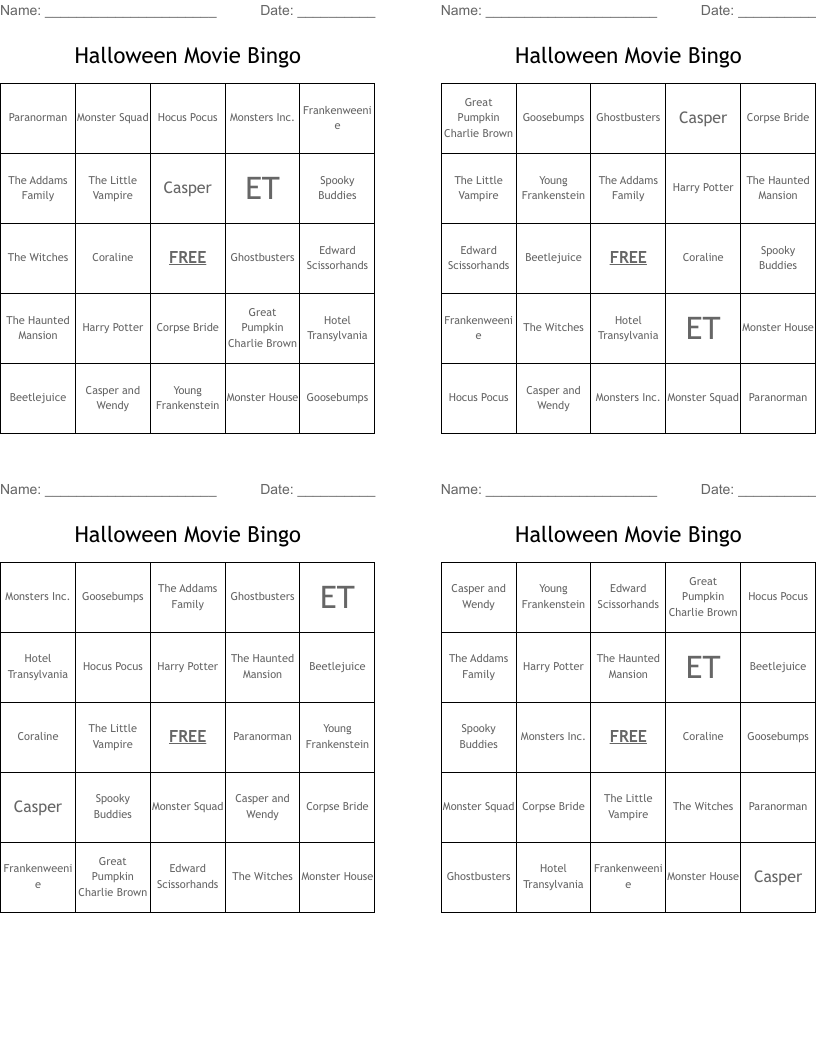Halloween Movie Bingo