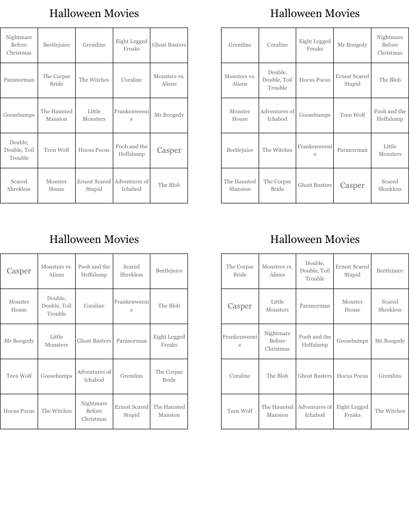 Halloween Movies Bingo Cards