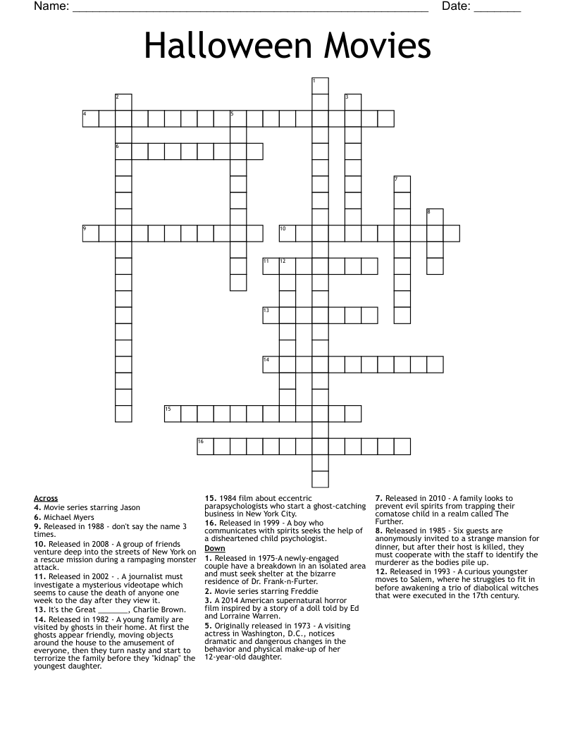 Halloween Movies Crossword