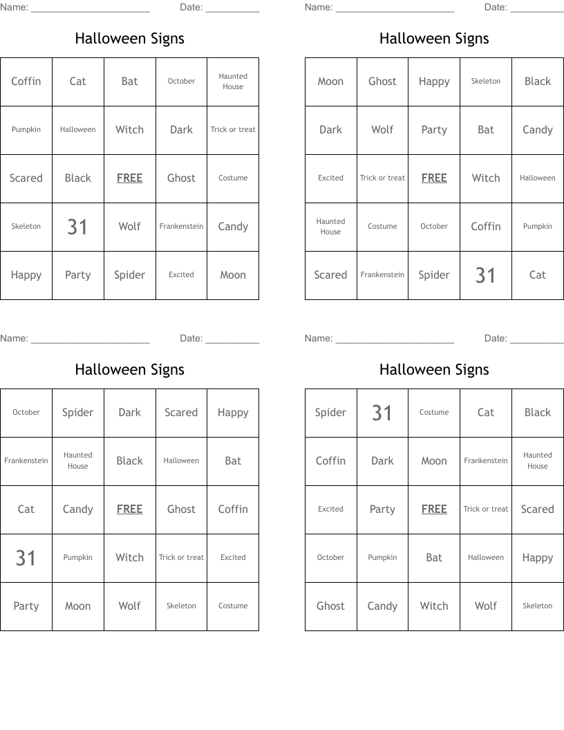 Halloween Signs Bingo Cards