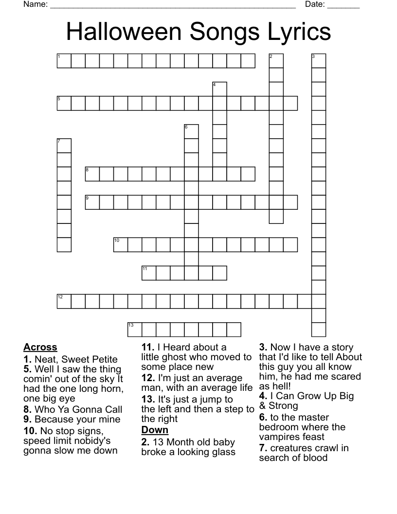 Halloween Songs Lyrics Crossword