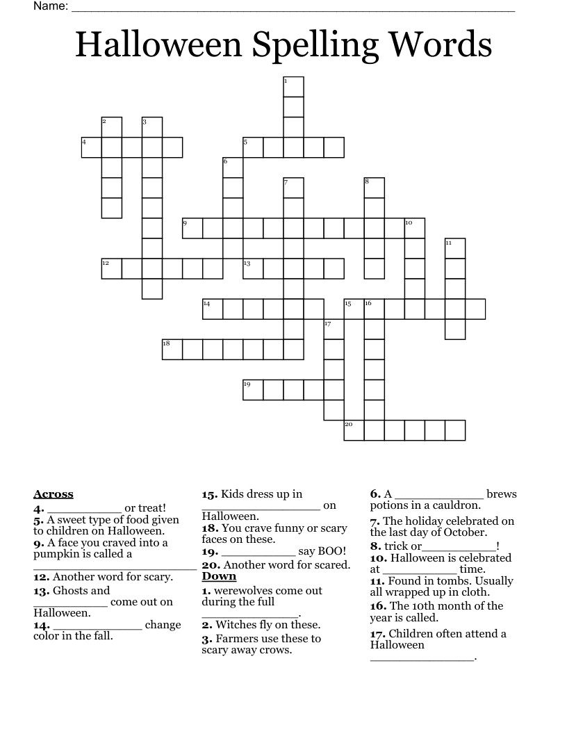 Halloween Spelling Words Crossword