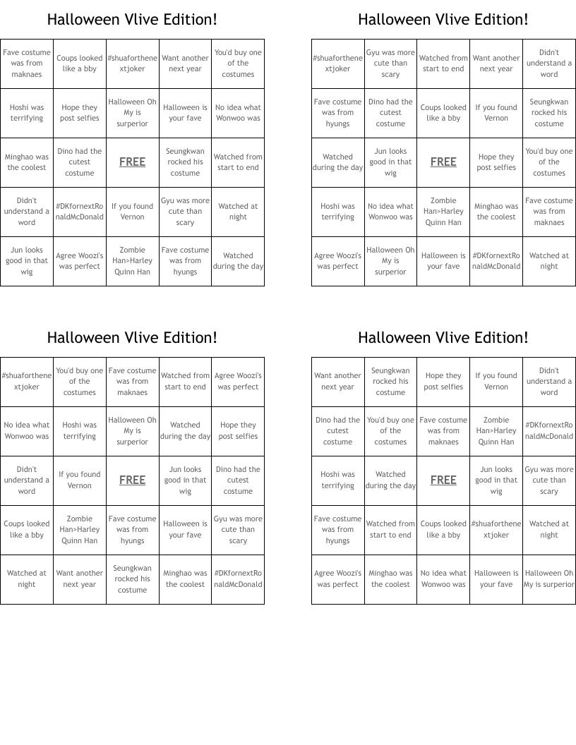 Halloween Vlive Edition! Bingo Cards