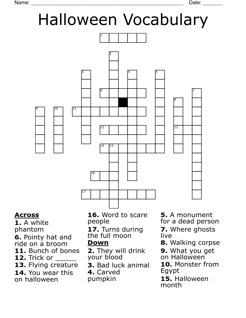 Halloween Vocabulary Crossword