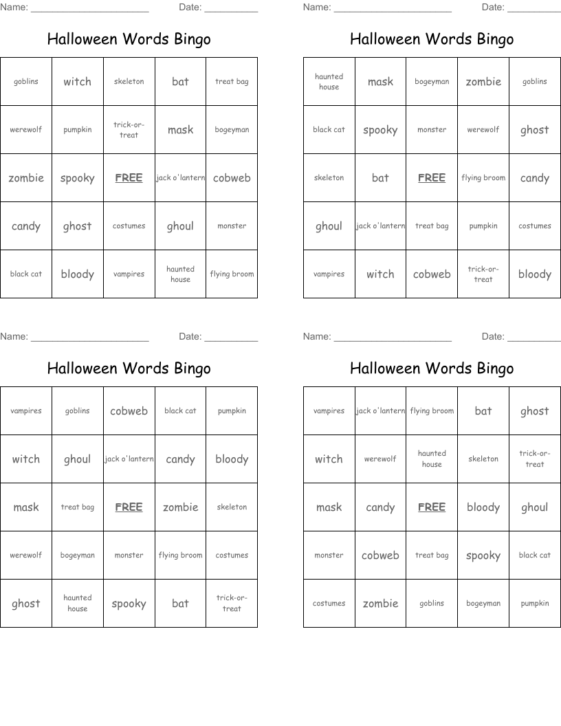 Halloween Words Bingo