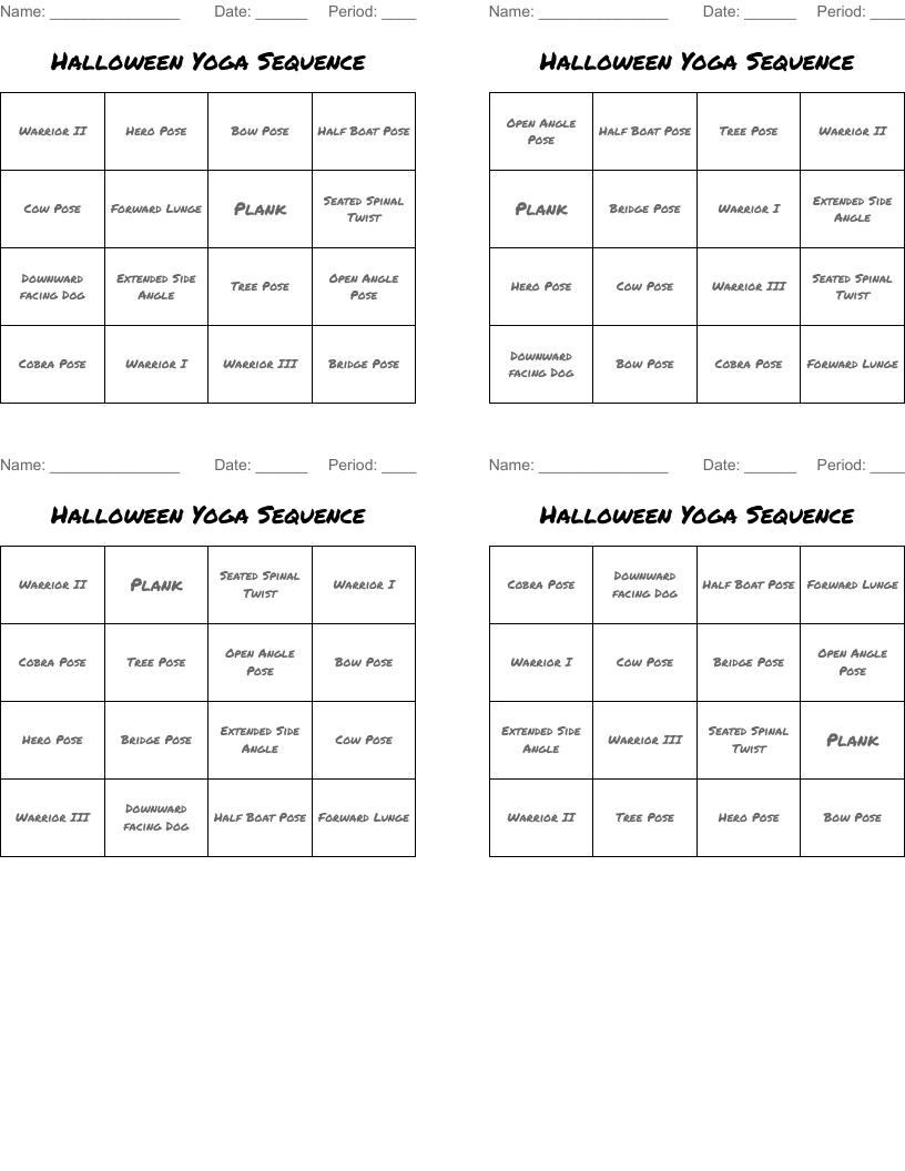 Halloween Yoga Sequence Bingo Cards