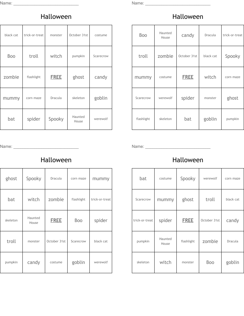 Halloween  Bingo Cards