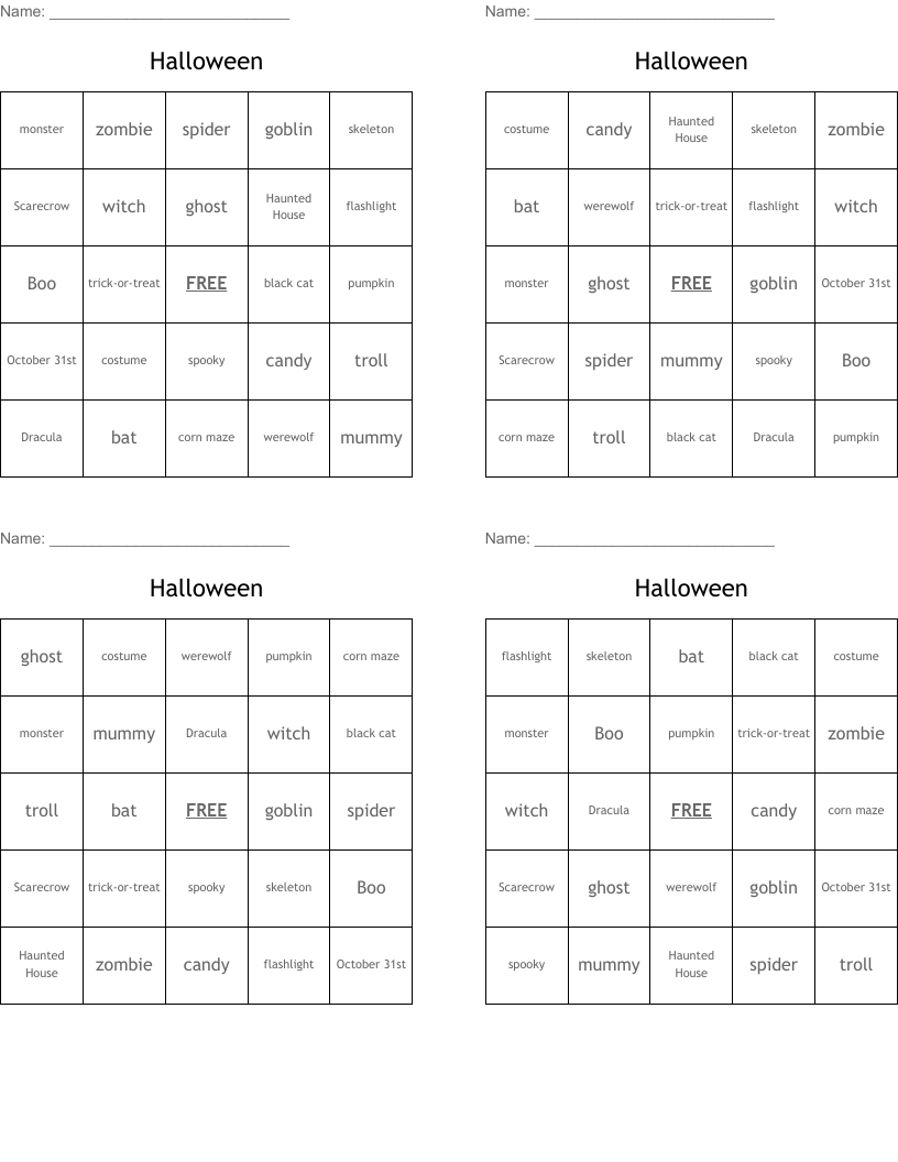Halloween  Bingo Cards