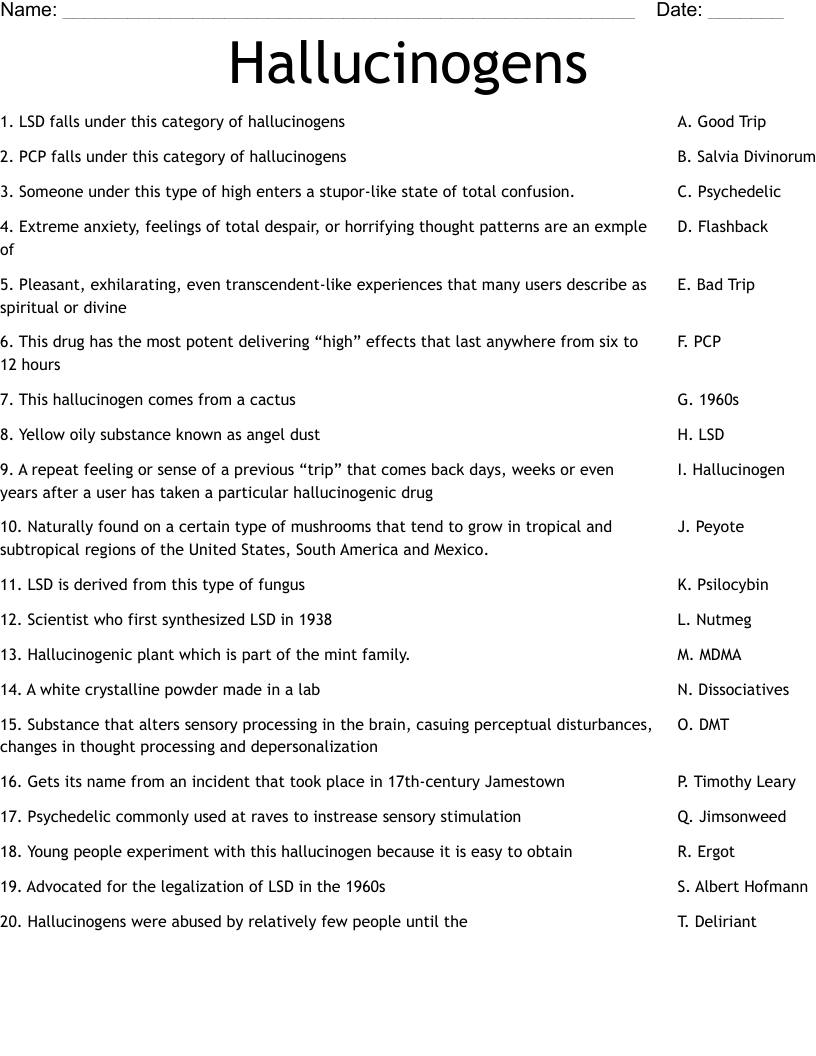 Hallucinogens Worksheet